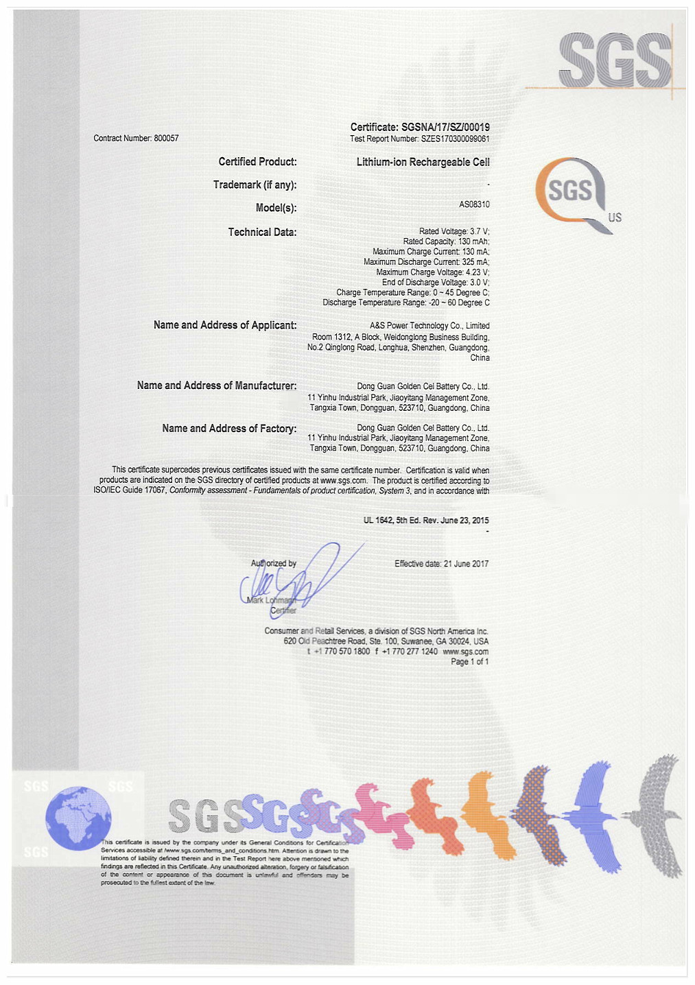 A&S Power Lipo Battery SGS Certificate