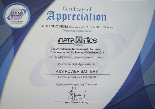 A&S Power GEM Indonesia Certificate fo Appreciation 