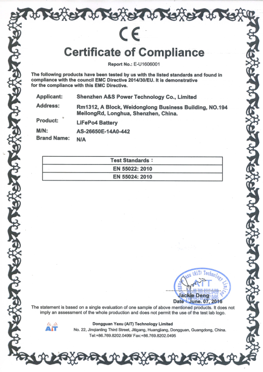 A&S Power 12.8v 14ah lifepo4 battery CE Certification