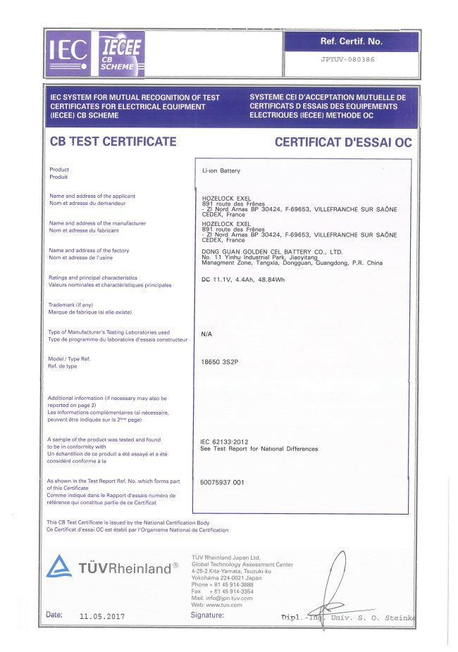 A&S Power 18650-3S5P-11.1V CB Certificate