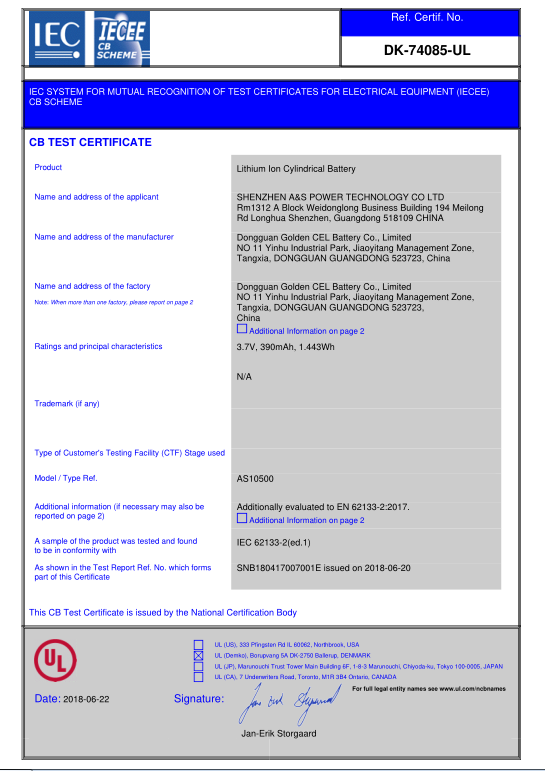 A&S Power lithium ion battery 10500 CB Certification 