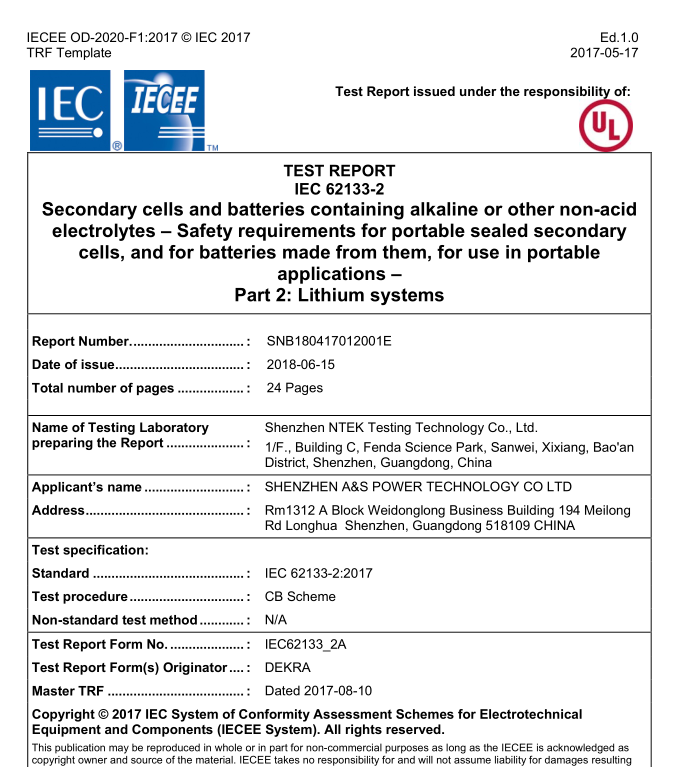 A&S Power 604050 CB certificate 