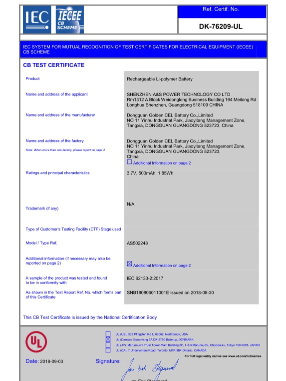 A&S Power 502248 3.7v 500mah CB certificate