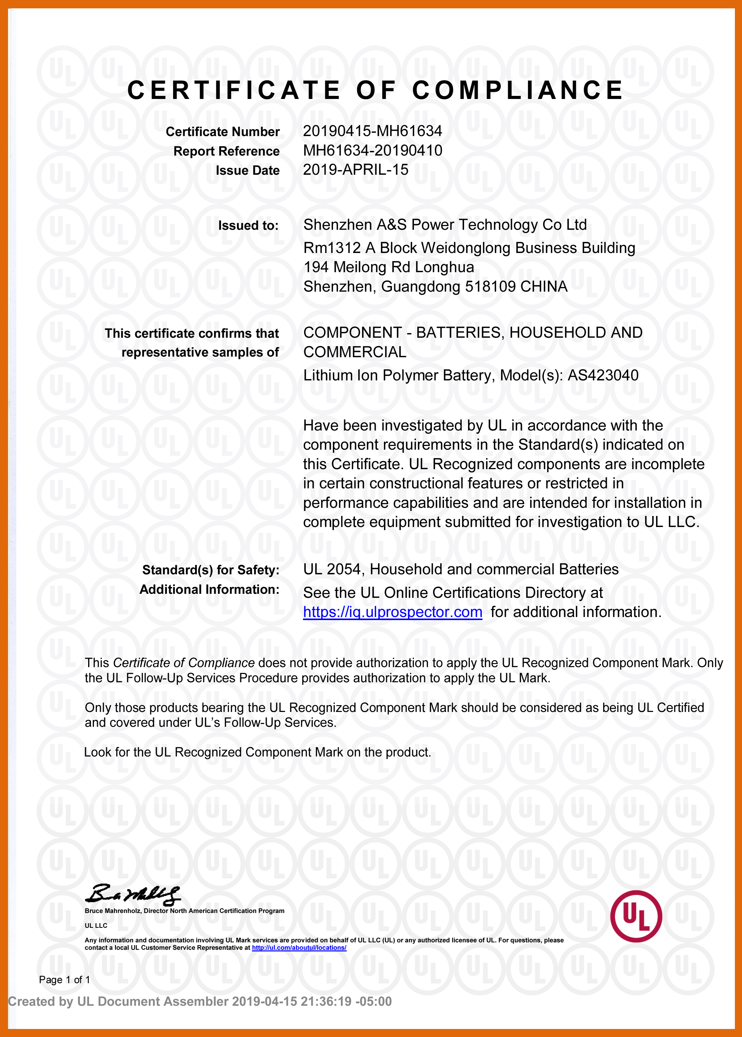 A&S Power 423040 3.7v 530mah UL2054 Certification