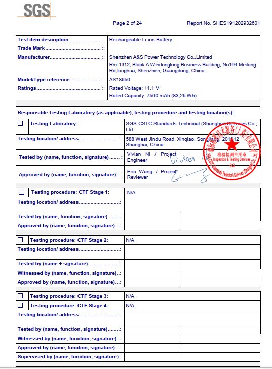 A&S Power 11.1v 7.5ah Lithium battery pack IEC62133 Certification