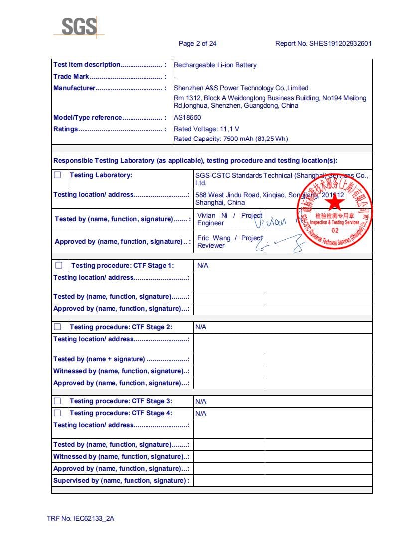 A&S Power 18650 11.1v 7.5Ah battery pack IEC62133 Certification