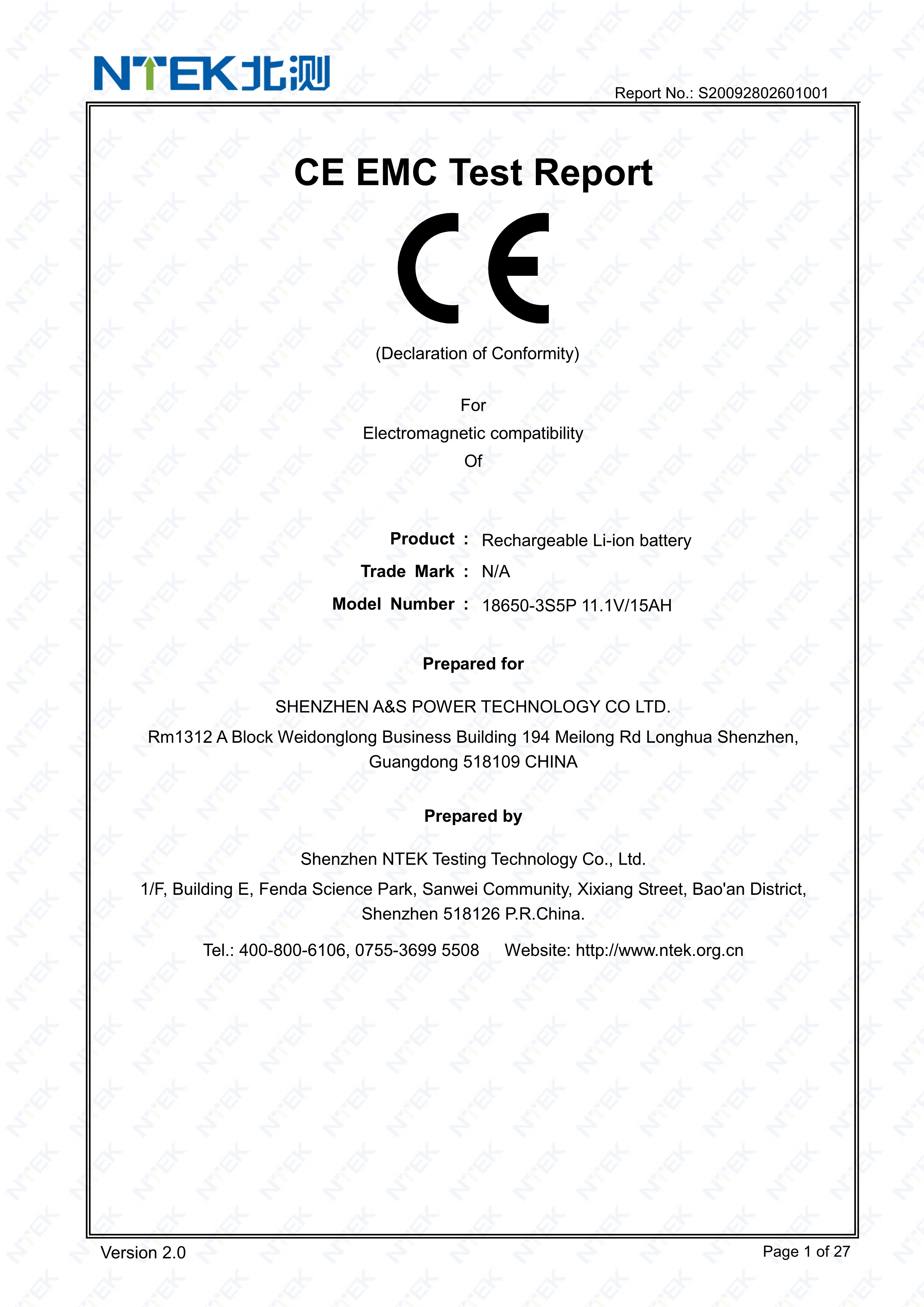 A&S Power 018650-3S5P-11.1v15ah CE_EMC Report 