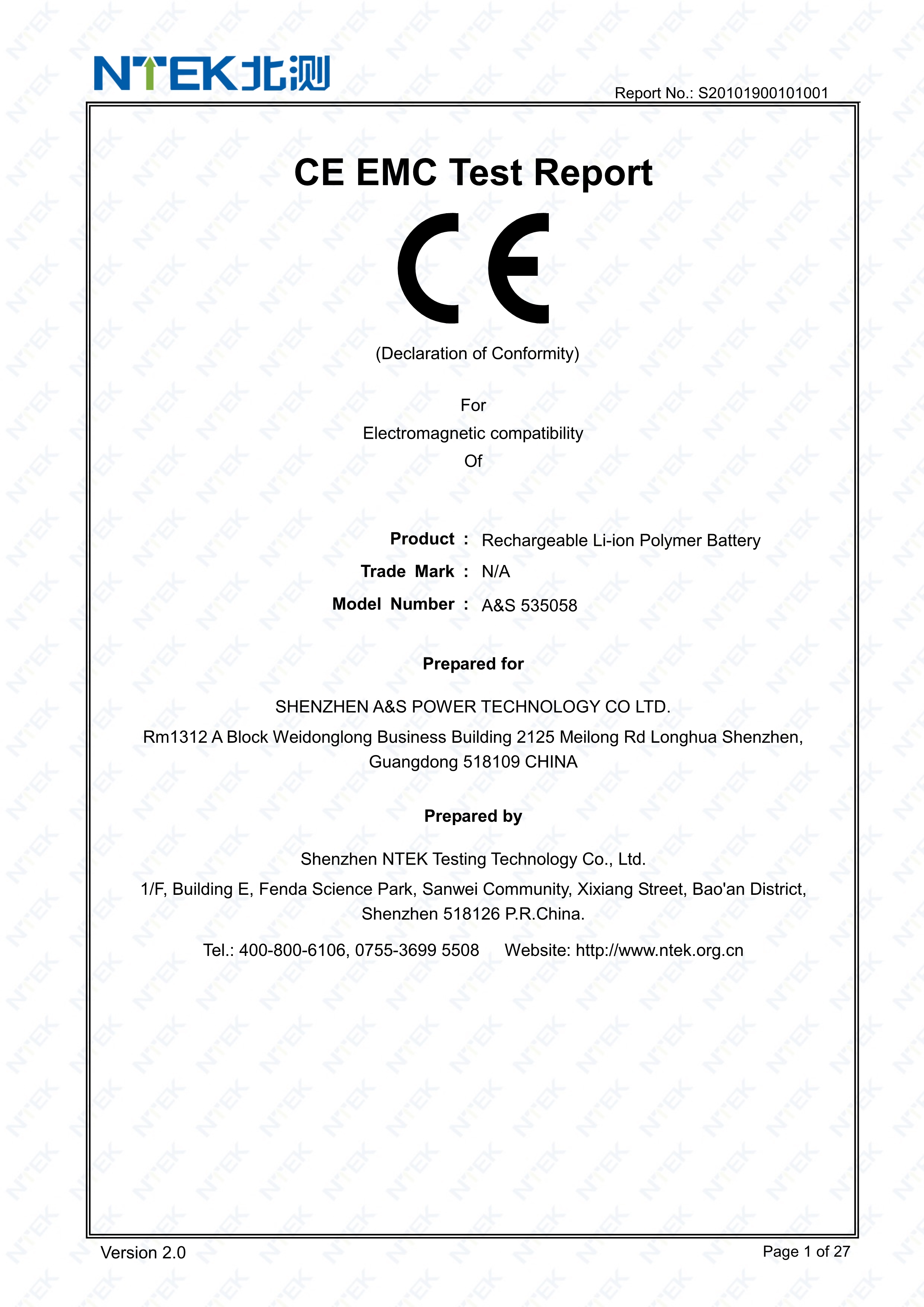 A&S Power 535058 7.4V 1600mAh LiPo battery CE Certification