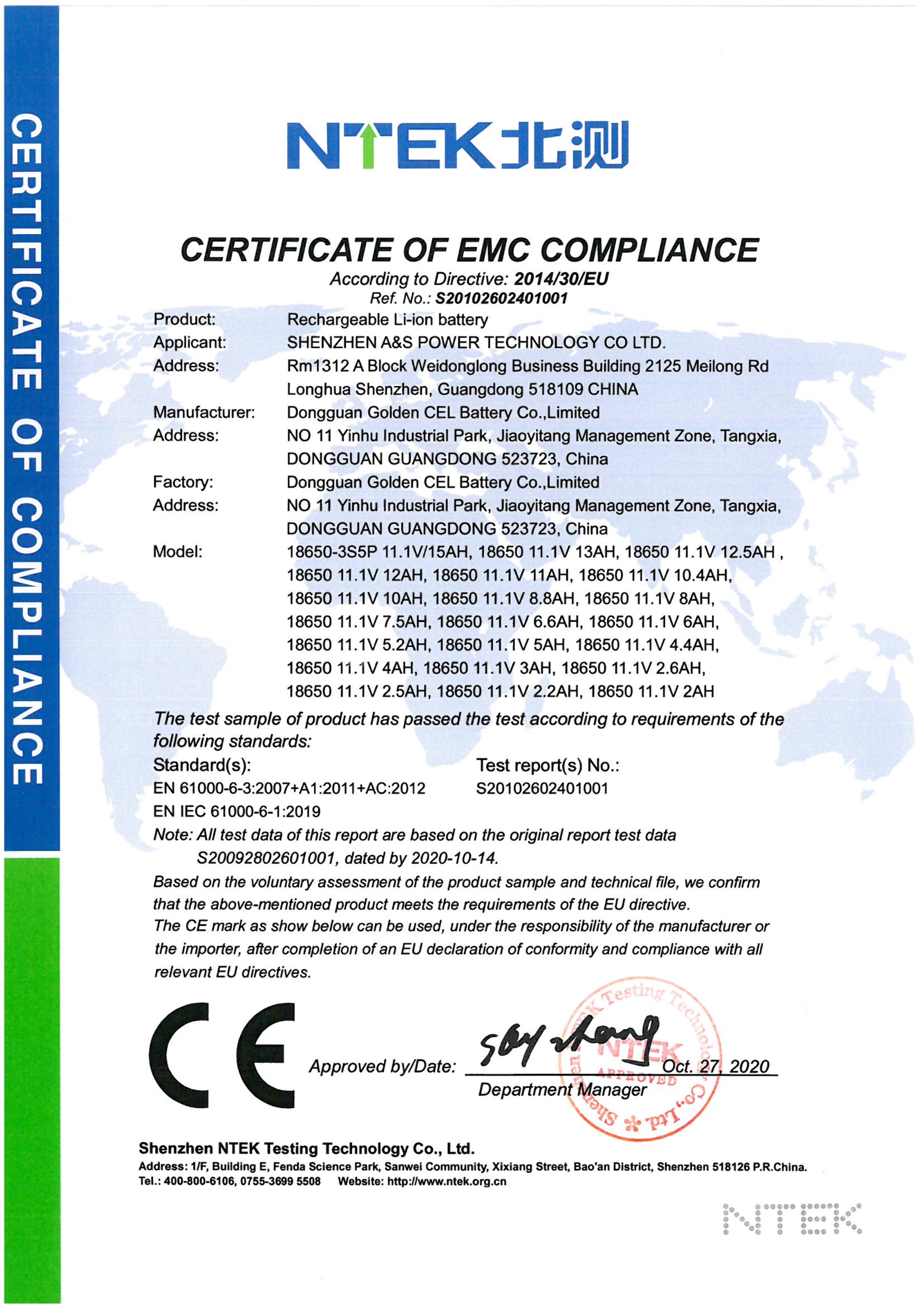 18650 11.1v Lithium Ion Battery CE Certification