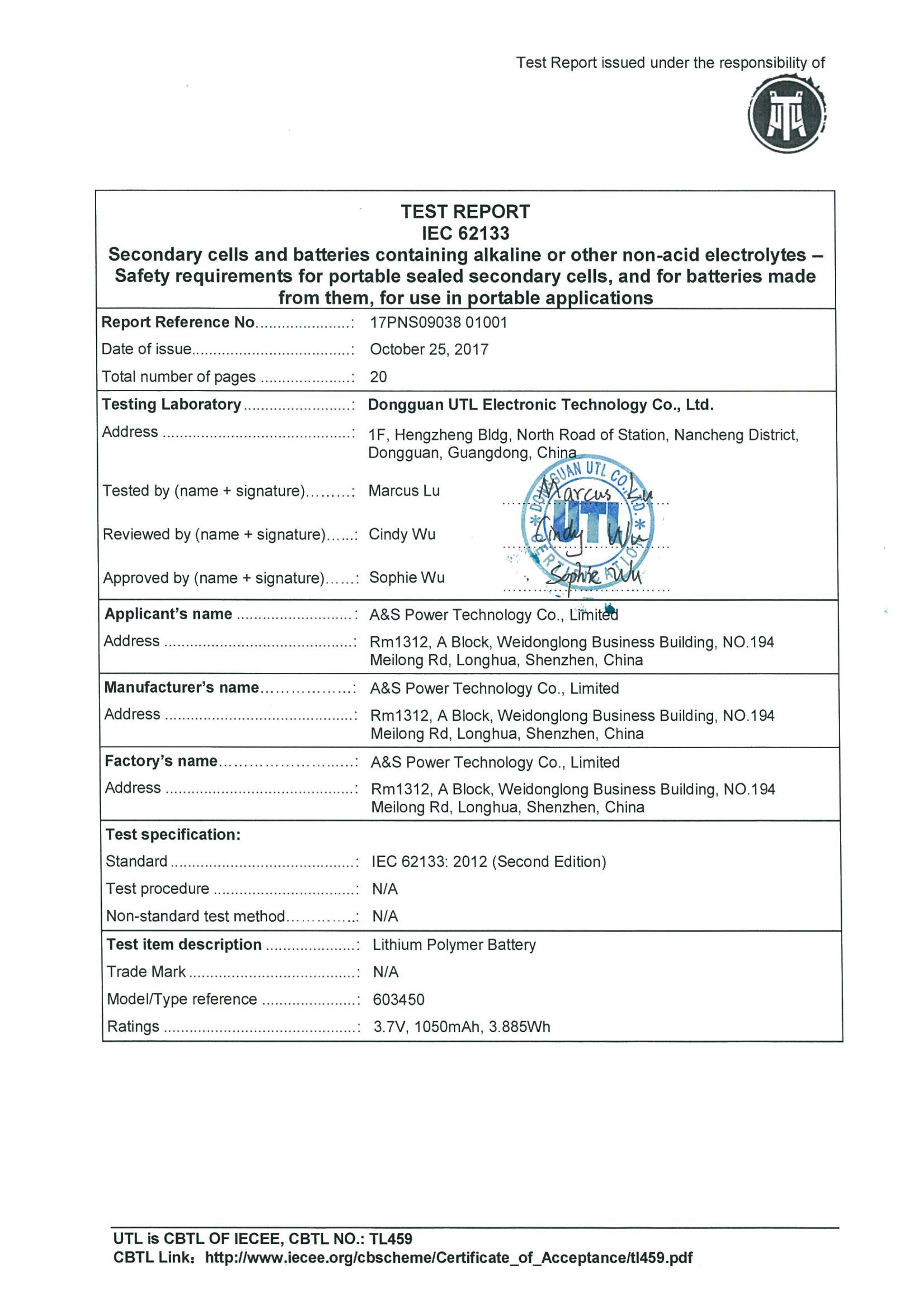 A&S Power 603450 3.7v 1050mah IEC62133 Certification 