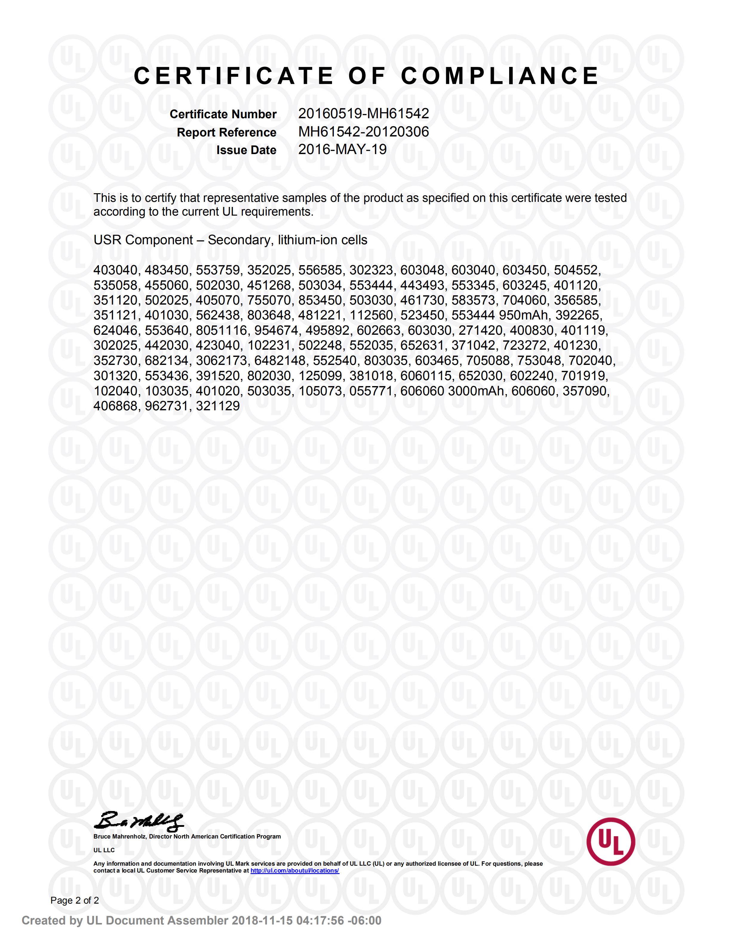 A&S Power lipo battery UL1642 Certification