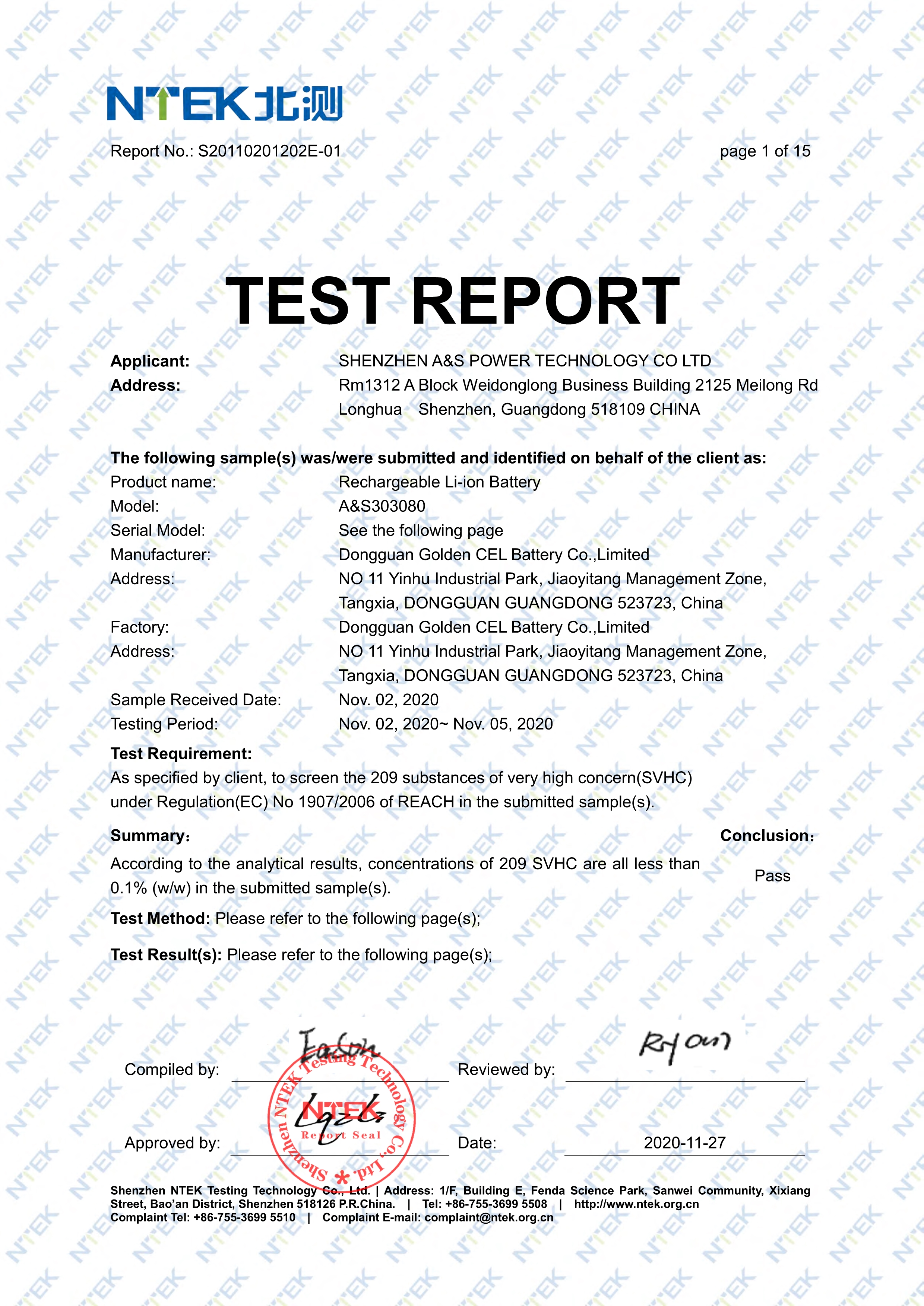 A&S Power 303080 REACH REPORT