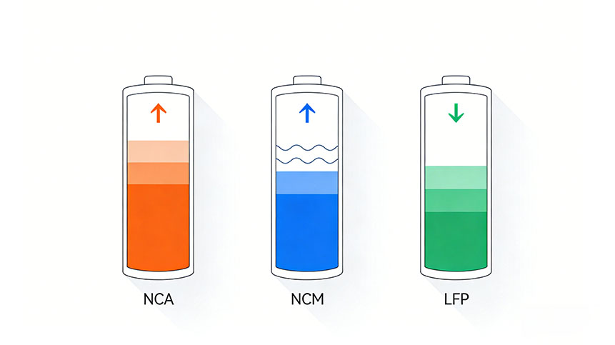 Technical comparison of 18650 battery chemical types (NCA, NCM, LFP) under low-temperature conditions.