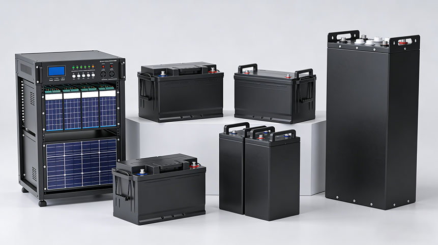 12V, 24V, 48V rack-mounted units and tall high-voltage battery stacks