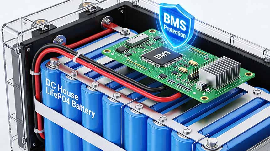 Exploded view 3D technical illustration of the DC House LiFePO4 battery enclosure