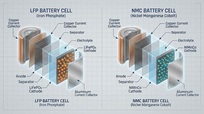 Comparison diagram of LFP and NMC battery cell structures