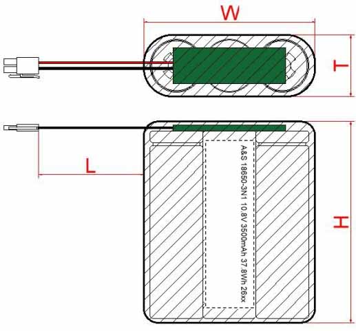 Dimensional Drawing of 18650 3S1P 10.8v 3500mah battery pack Dimensional Drawing of 18650 3S1P 10.8v 3500mah battery pack