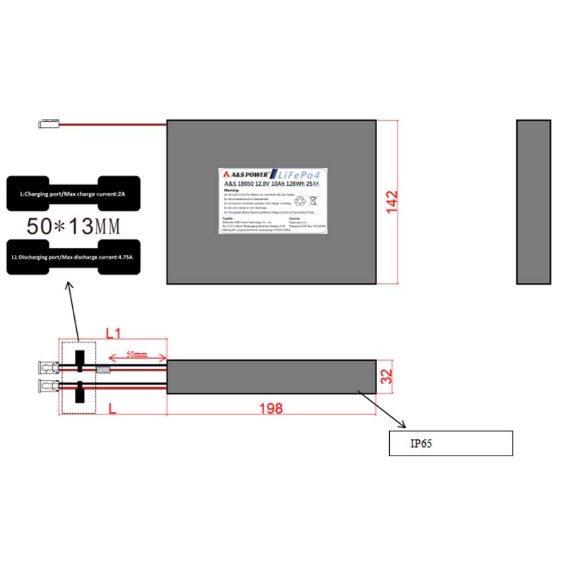 Dimensional Drawing of 18650 12.8v 4S5P 10Ah Battery Pack Dimensional Drawing of 18650 12.8v 4S5P 10Ah Battery Pack