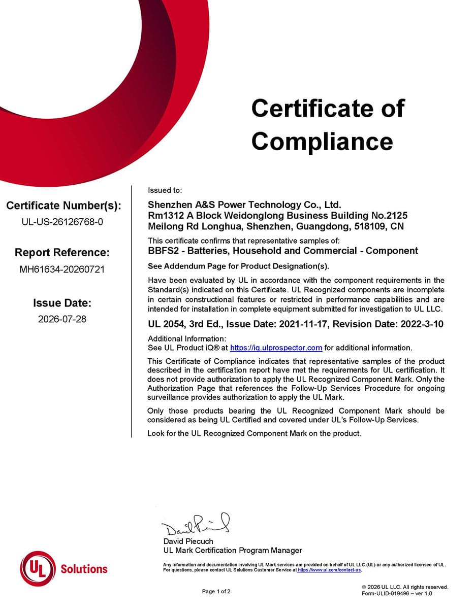 UL 2054 Certificate of Compliance for A&S 18650 3400mAh rechargeable lithium-ion battery