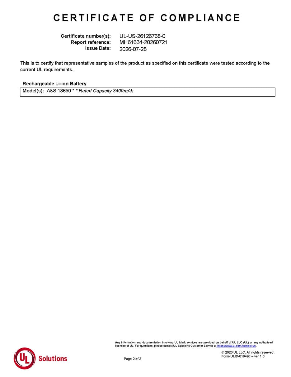 UL 2054 certificate showing A&S 18650 rechargeable lithium-ion battery rated at 3400mAh
