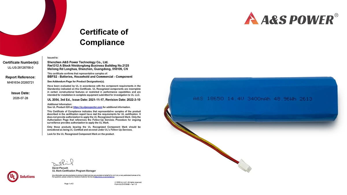 UL 2054 Compliance for 18650 3400mAh Rechargeable Li-ion Battery