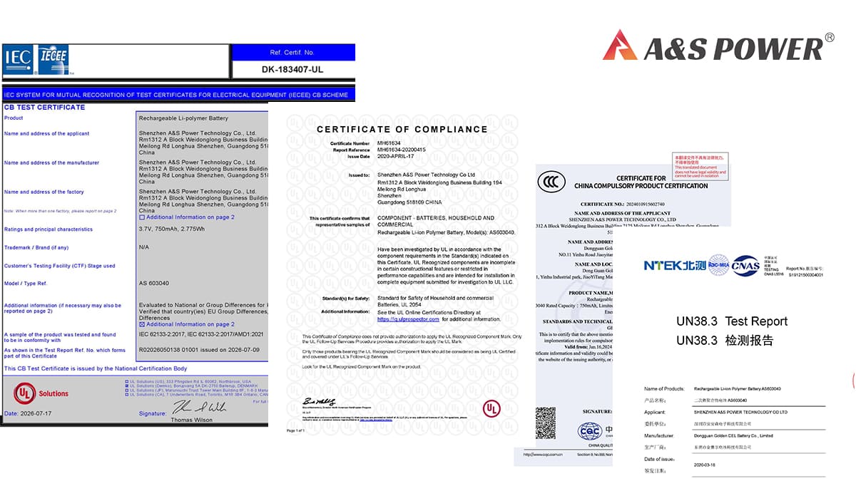 AS603040 Battery Certification Documents AS603040 UL 2054 CB CCC certification and UN38.3 test report