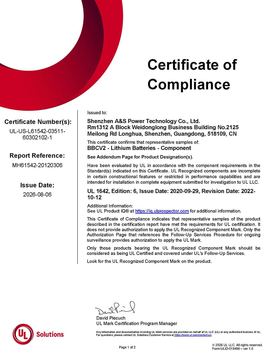 UL 1642 Certificate Number UL-US-L61542-03511-60302102-1 issued to Shenzhen A&S Power Technology Co Ltd