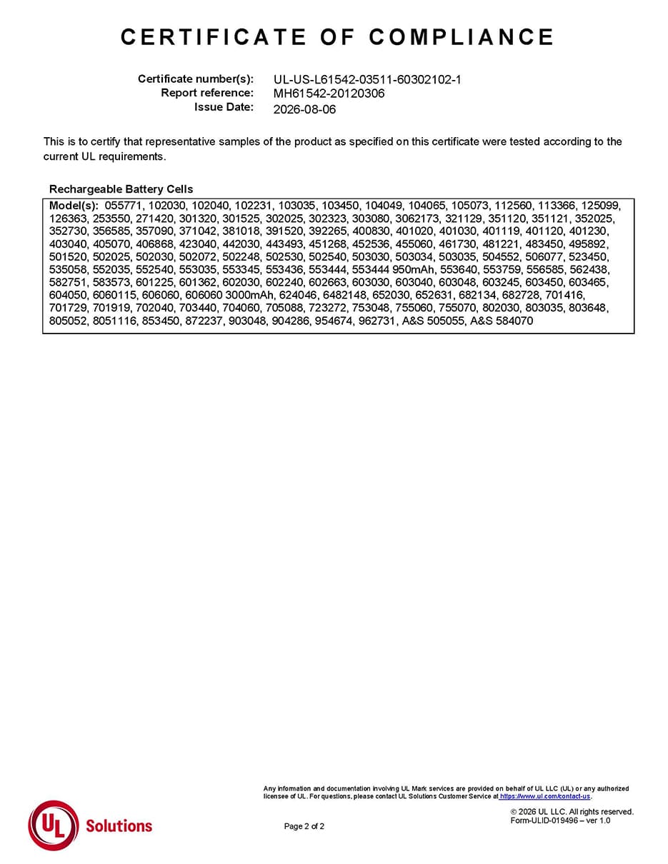 UL 1642 Rechargeable Battery Cells model list covered by A&S Power certification