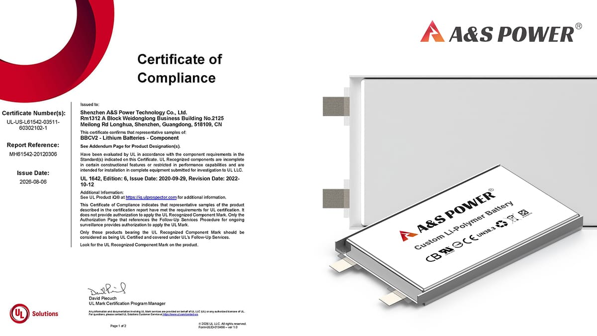 A&S Power UL 1642 certified rechargeable LiPo battery cells