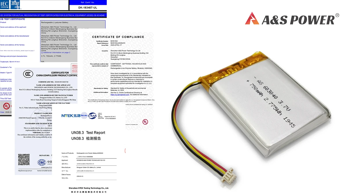 3.7V 750mAh LiPo Battery - AS603040 : UL, CB, CCC & UN38.3 Compliance