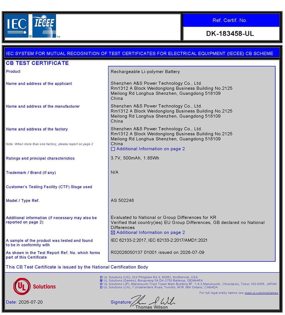 CB certification documentation for AS502248 lithium polymer battery cell. CB certification documentation for AS502248 lithium polymer battery cell.