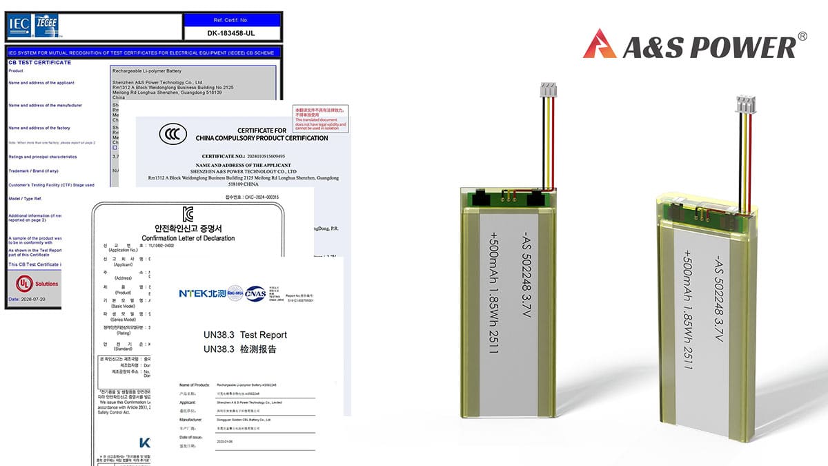 AS502248 3.7V 500mAh LiPo Battery Gains UL1642 & CB Certification AS502248 3.7V 500mAh LiPo Battery Gains UL1642 & CB Certification