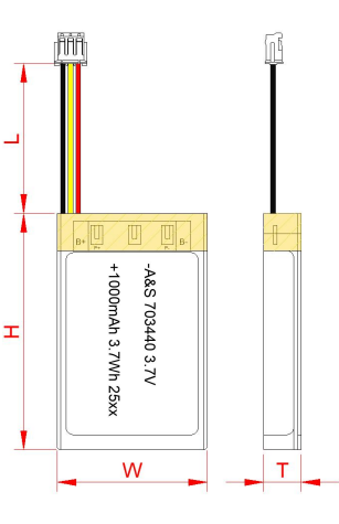 Drawing 703440 3.7V 1000mAh lipo battery
