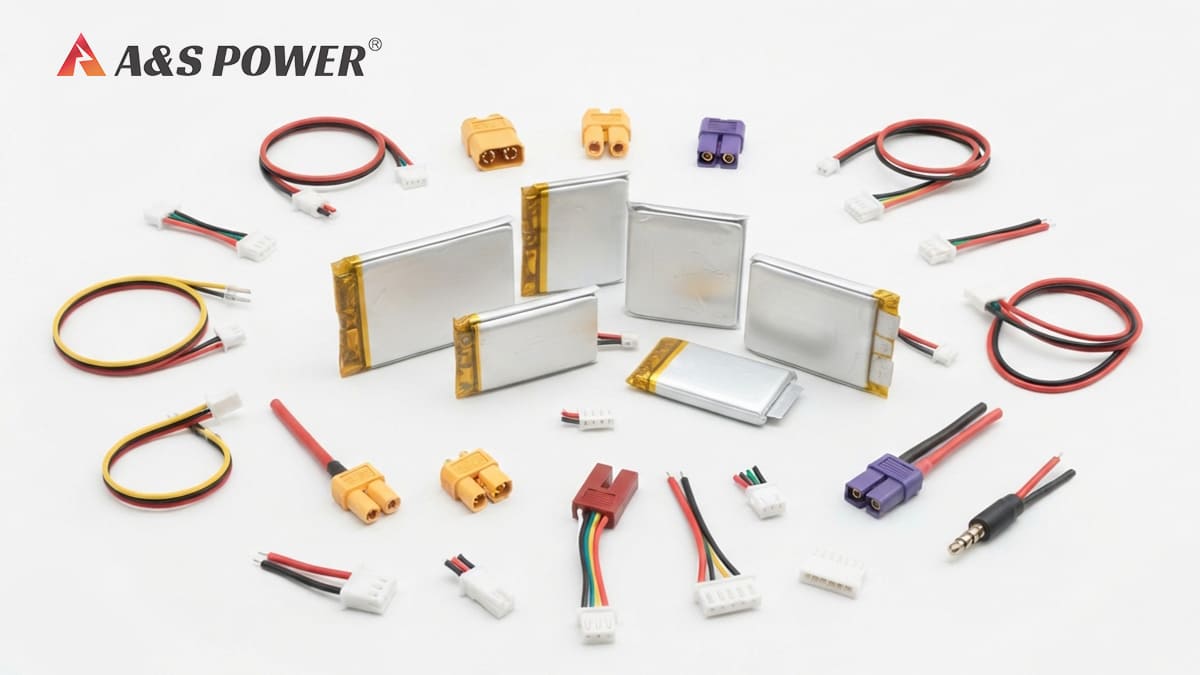 Common LiPo battery plug types and connectors shown with lithium polymer pouch cells