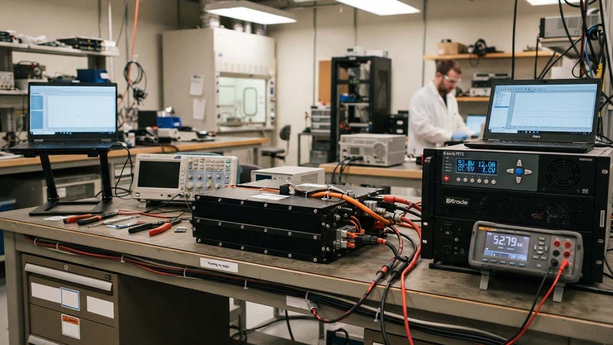 NCM Lithium Battery Performance Testing NCM lithium-ion battery pack undergoing electrical performance testing in a laboratory