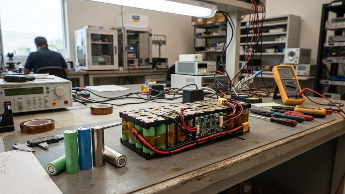NCM Lithium-Ion Battery Cells and Pack NCM lithium-ion battery cells and an assembled battery pack on an engineering workbench