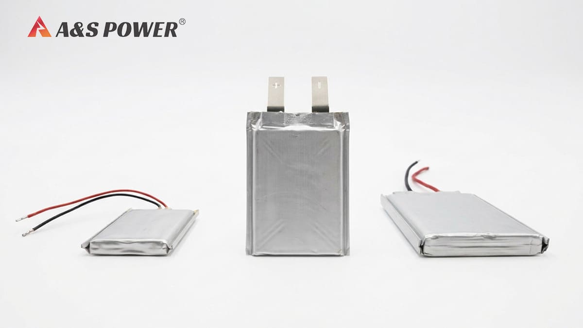 Silver lithium polymer pouch batteries in different sizes and thicknesses to illustrate capacity and energy density