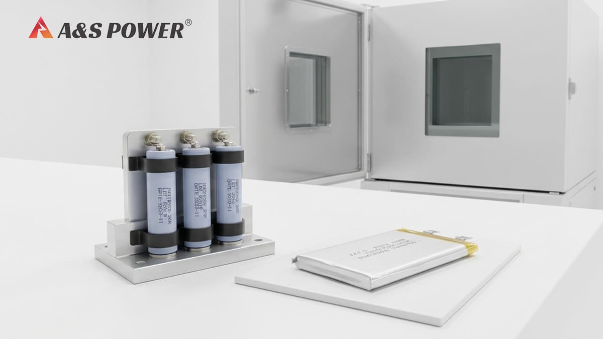 Lithium-ion and lithium-polymer battery samples beside a temperature-controlled test chamber in a battery laboratory