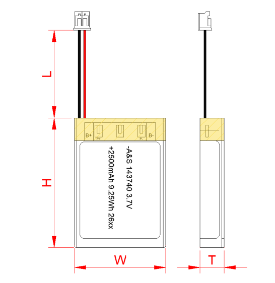 Dimensional Drawing of 143740 battery