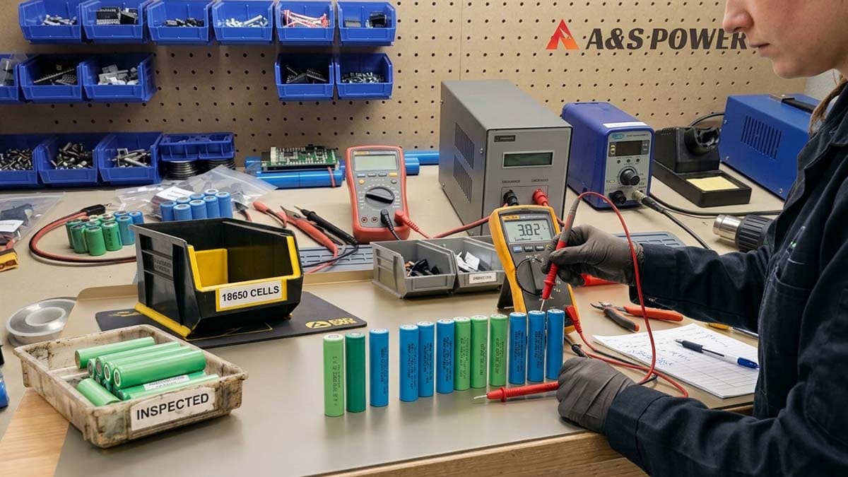 Cylindrical lithium-ion battery cells inspected with a digital multimeter before battery pack assembly